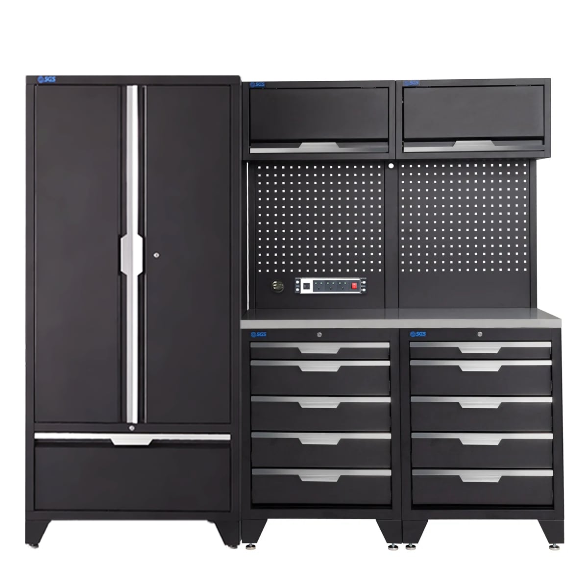SGS 7pc Garage Storage System | 10 Drawers | Stainless Steel Worktop | 2x Upper Cabinets | Tall Double Cabinet | Tall Double Cabinet with Drawer | Pegboard with Power Strip